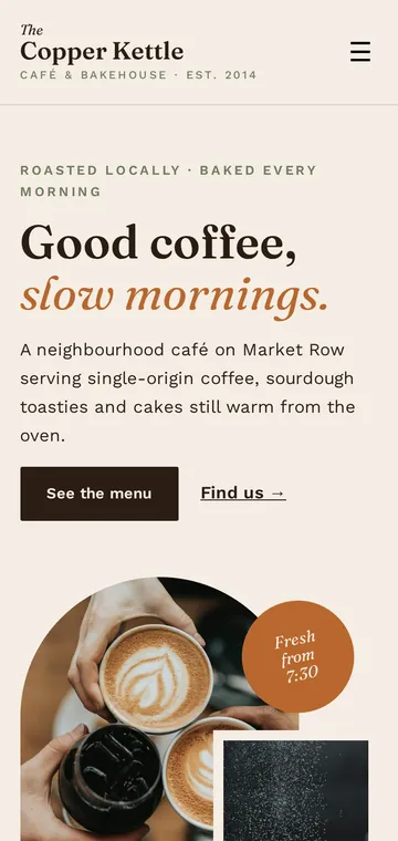 Copper Kettle Café sample design on a phone