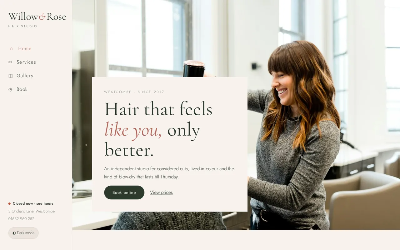 Willow & Rose Hair Studio sample design shown on a desktop browser