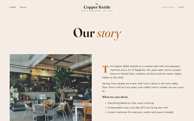 Copper Kettle Café sample design, screenshot 2