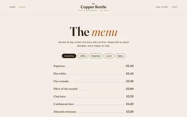 Copper Kettle Café sample design, screenshot 3