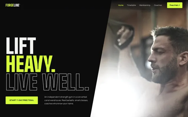 Forgeline Strength Club sample design, home page