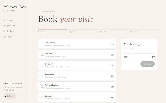Willow & Rose Hair Studio sample design, screenshot 3