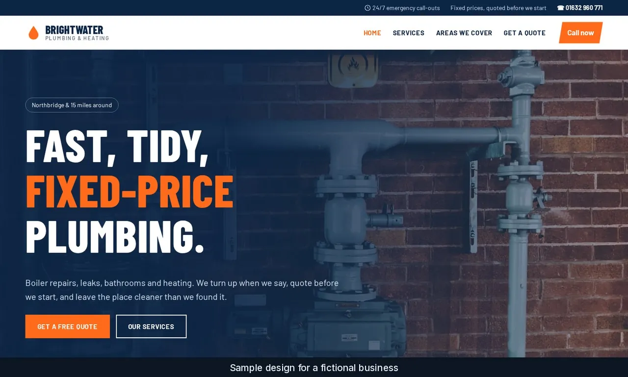 Brightwater Plumbing sample home page with the headline Fast, tidy, fixed-price plumbing