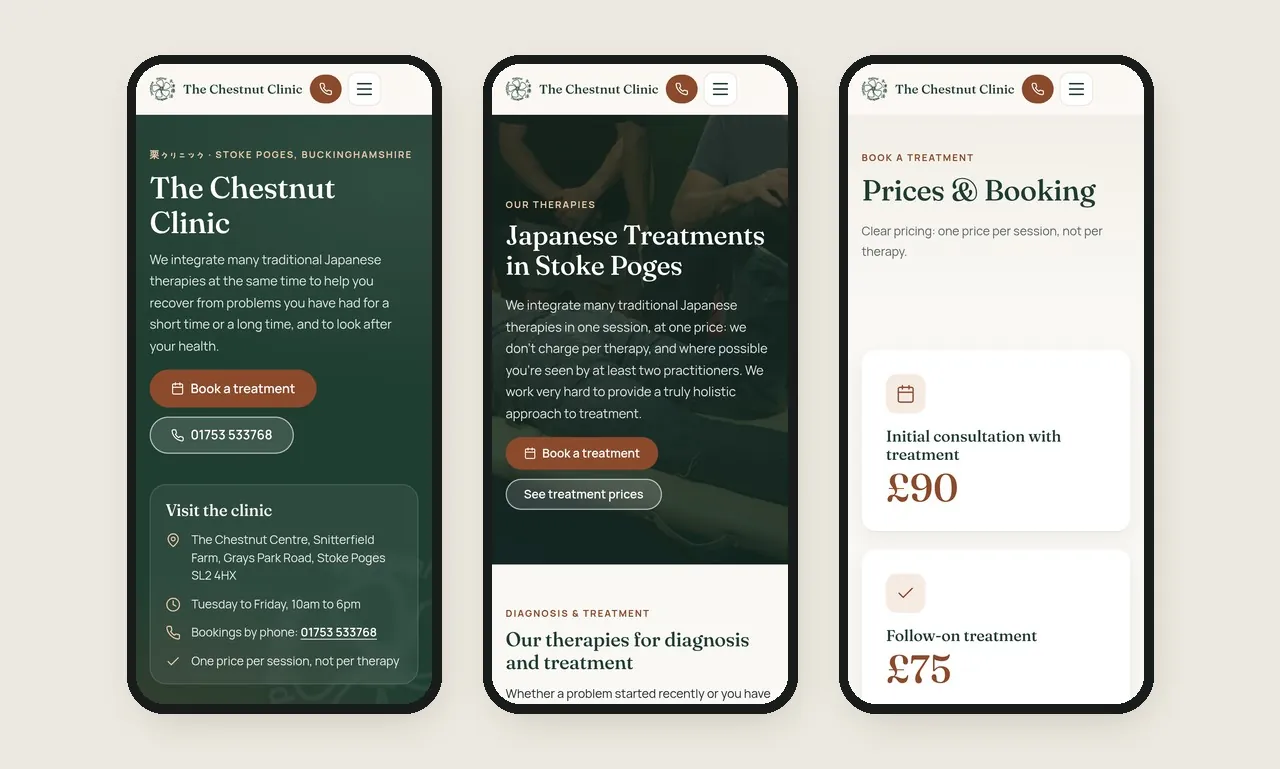 Three phone screens from The Chestnut Clinic website: the home page, the treatments page and the prices and booking page