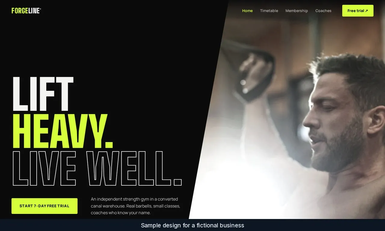 Forgeline Strength Club sample home page with the headline Lift heavy. Live well.