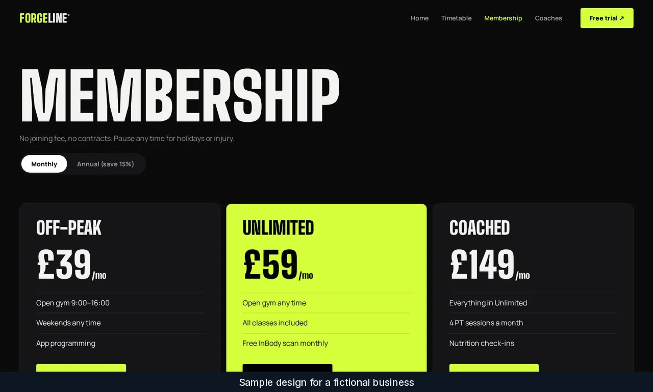 Forgeline membership page with three price plans