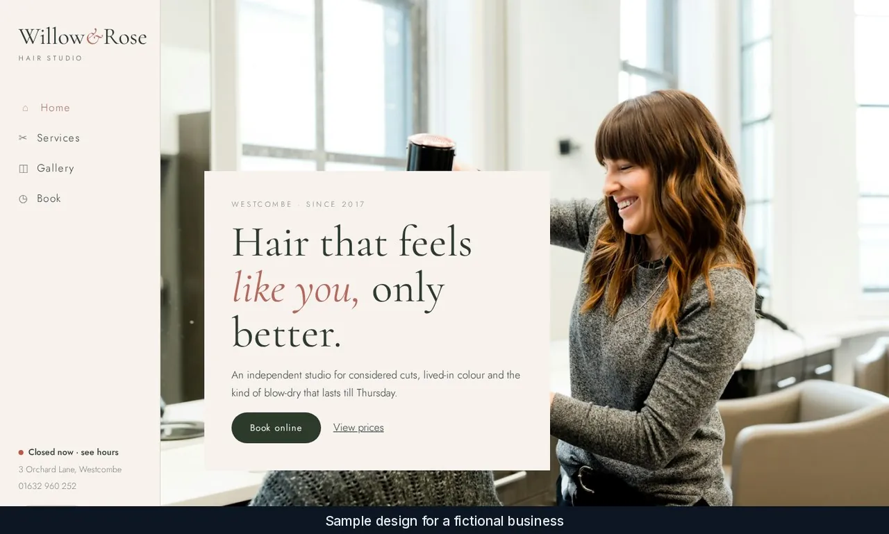 Willow & Rose Hair Studio sample home page with a stylist at work and a Book online button