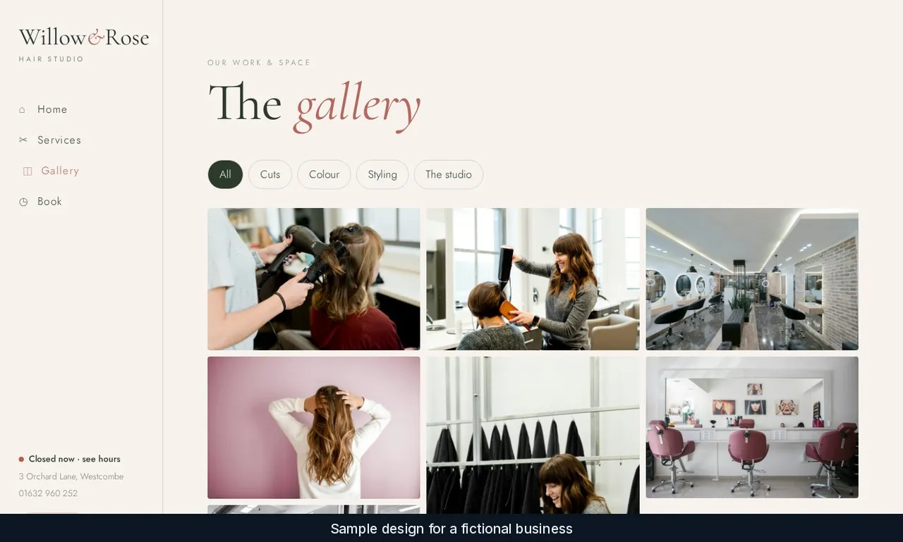 Willow & Rose gallery page with category filters and a grid of salon photos